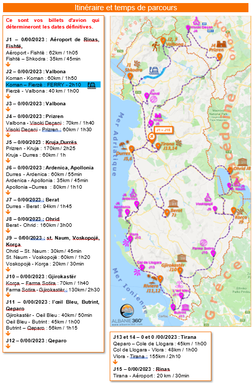 Carte  Grand tour de l'Albanie, Kosovo et Macédoine